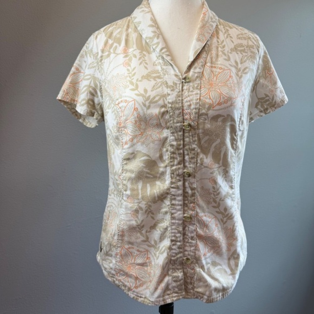 Columbia PFG Small‎ Short Sleeve Floral Button Up Shirt White Orange Hike Fish